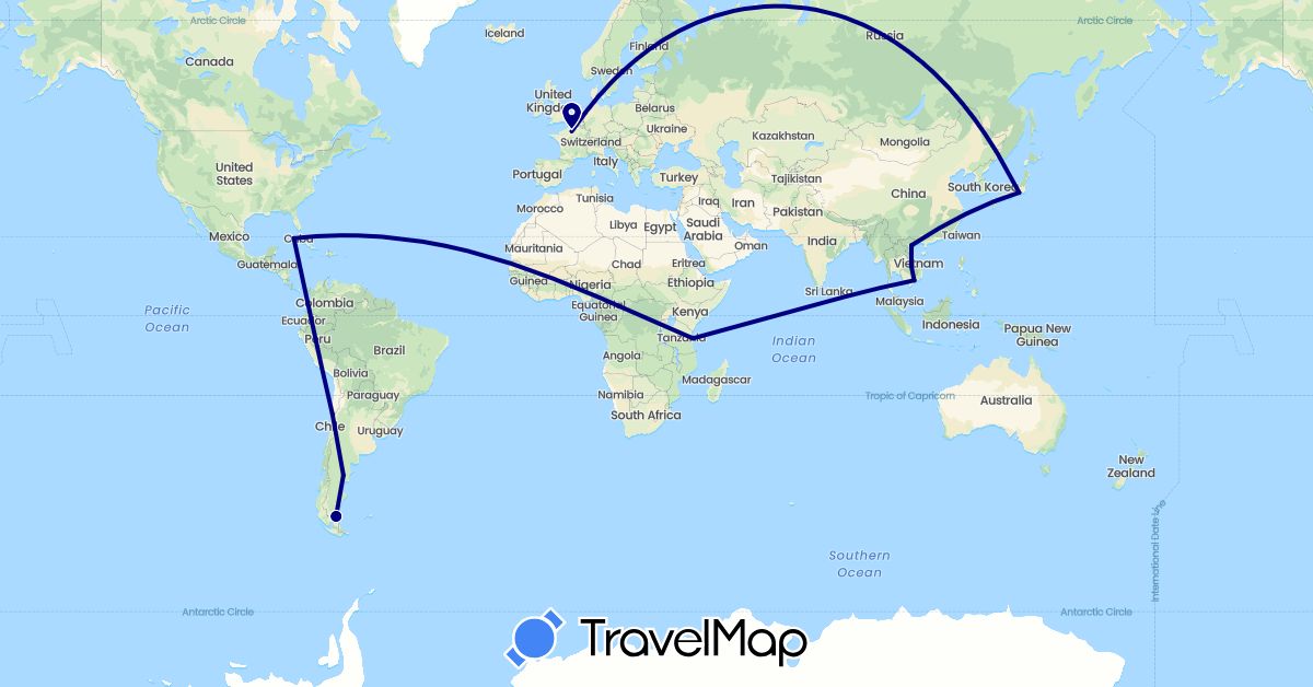 TravelMap itinerary: driving in Argentina, Chile, Cuba, France, Japan, Laos, Tanzania, Vietnam (Africa, Asia, Europe, North America, South America)
